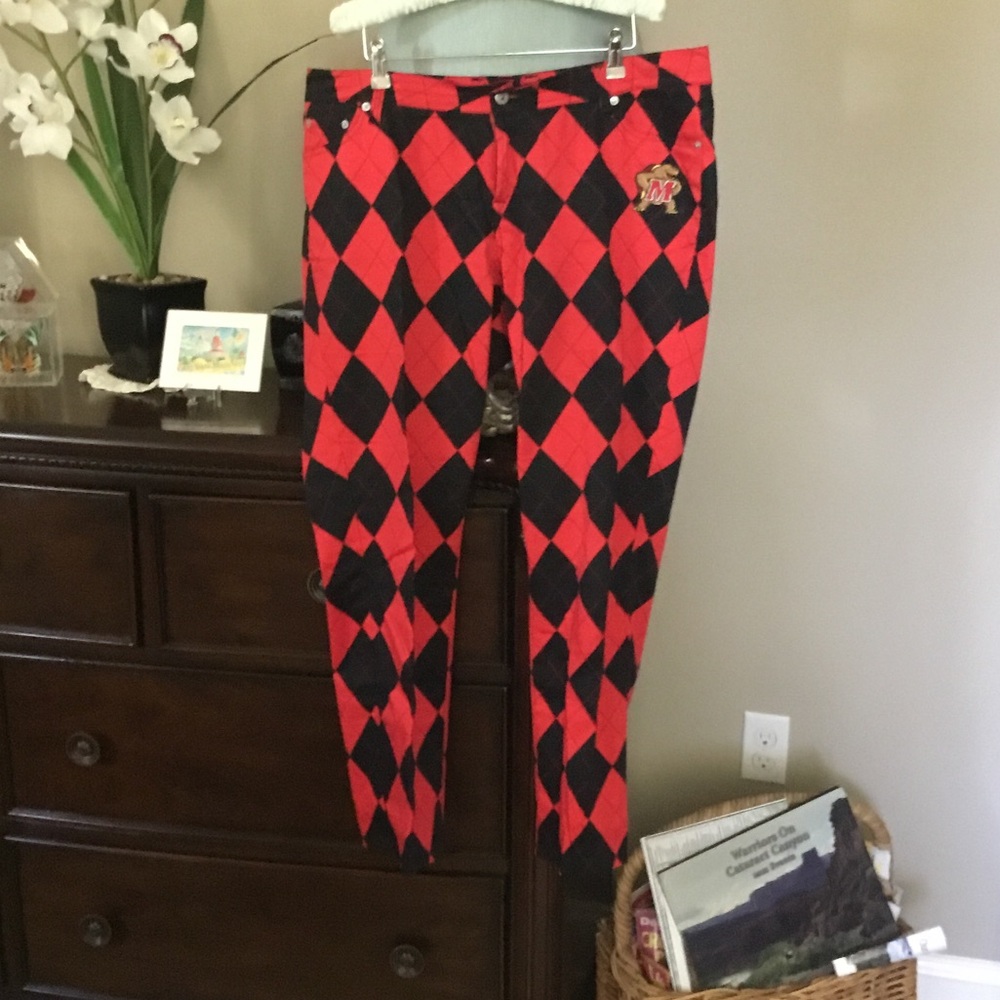 Loudmouth Golf-Maryland U Red and Black Argyle Pants with logo